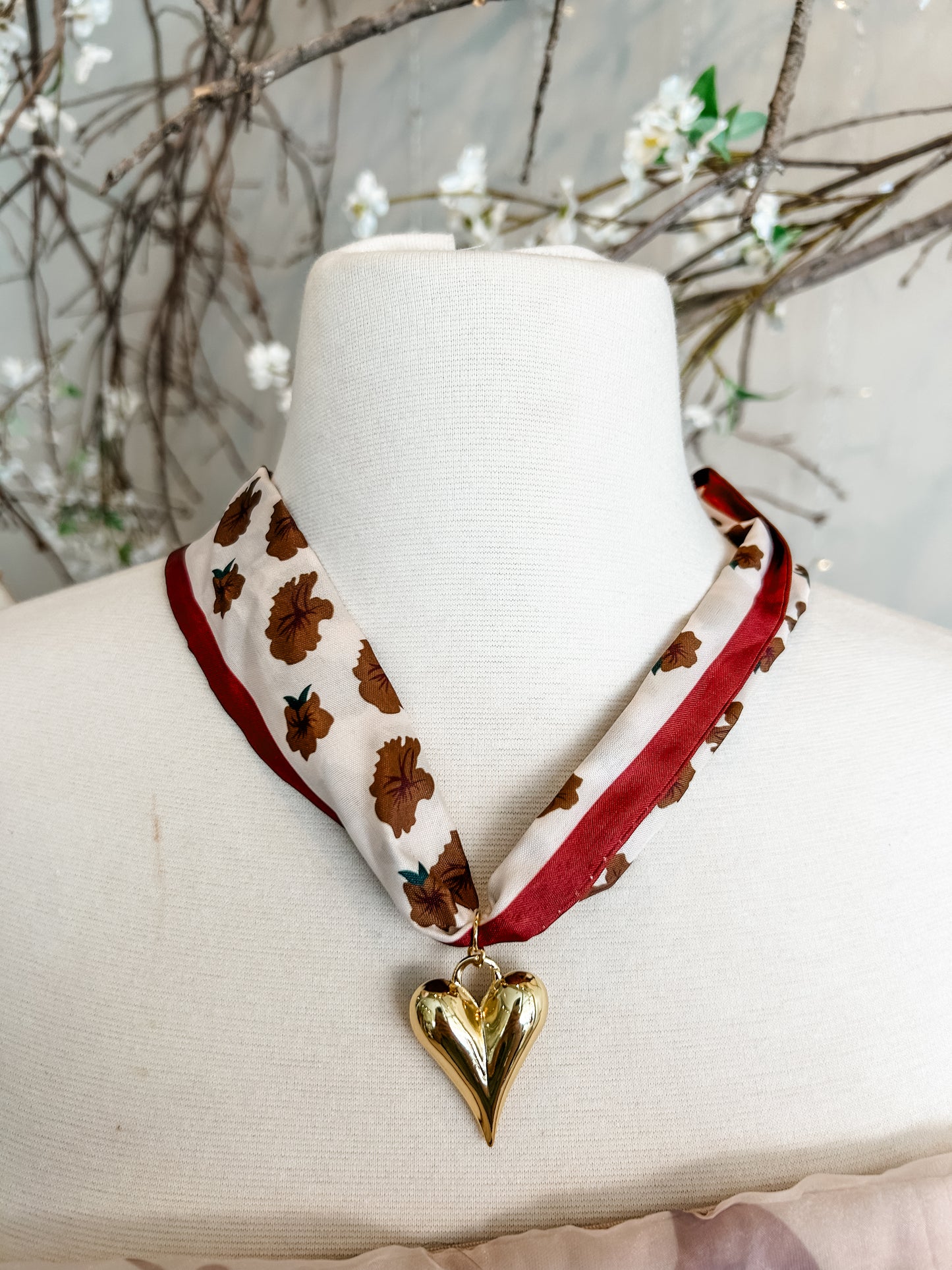 Bubble Heart Charm Scarf Necklace- wine