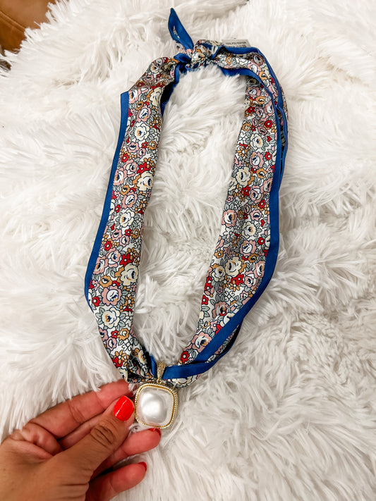 Pearl Charm Scarf Necklace- navy flower