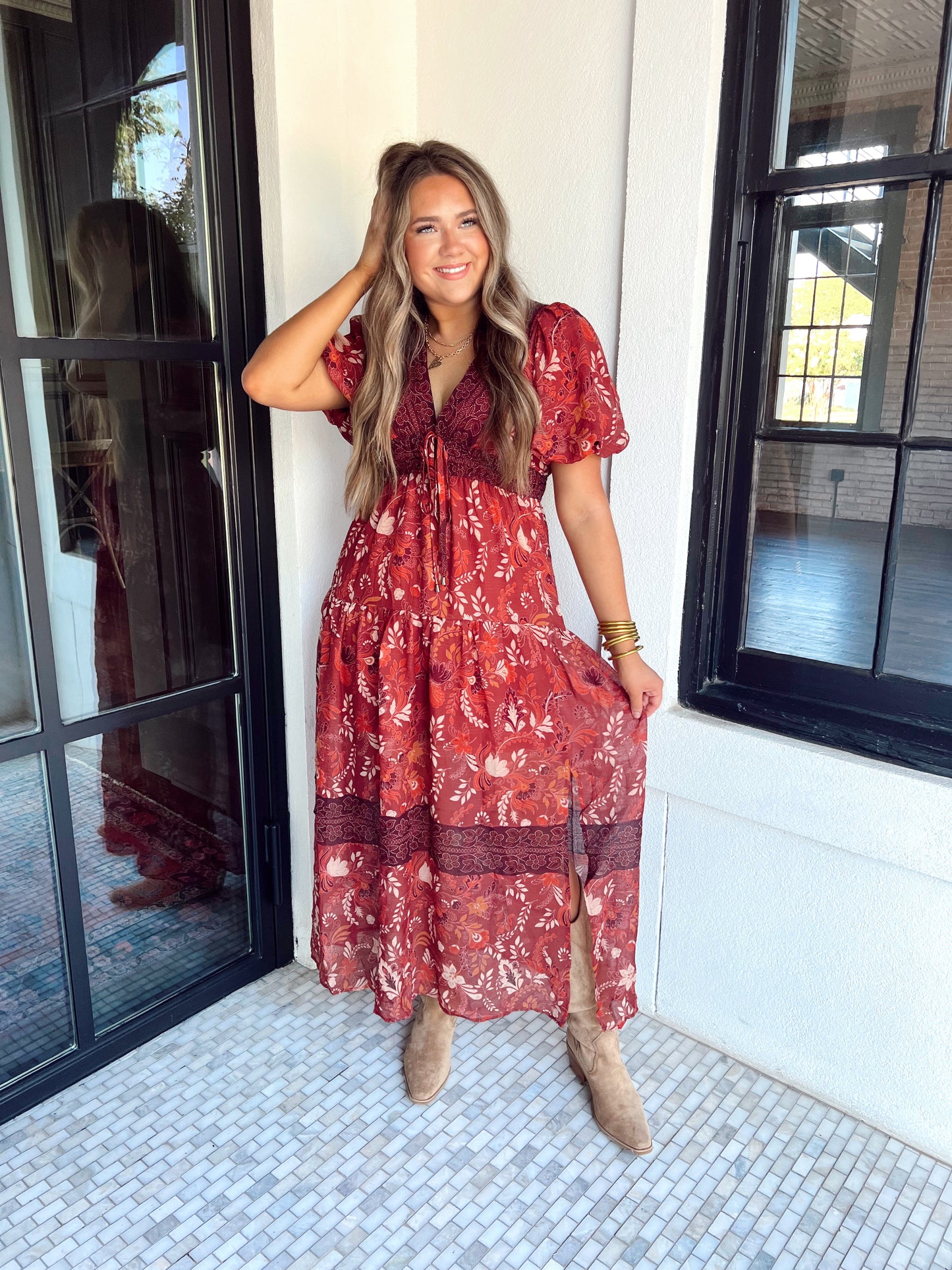 Deep Rust Floral Dress