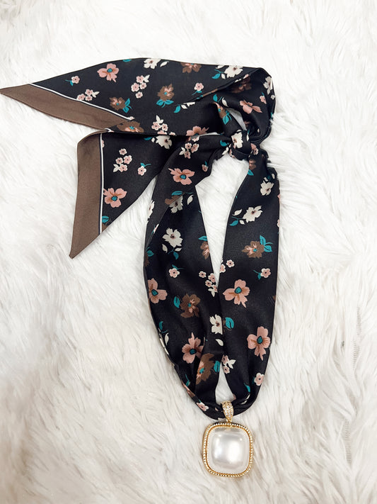 Pearl Charm Scarf Necklace - Blue Floral