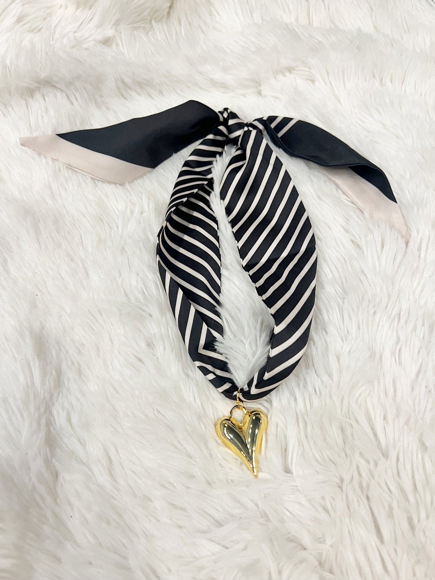 Black Stripe Scarf Necklace Heart Charm