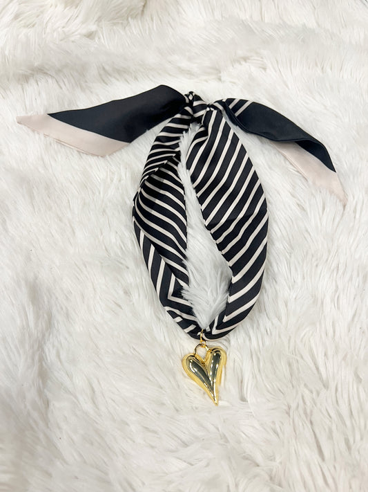 Black Stripe Scarf Necklace Heart Charm
