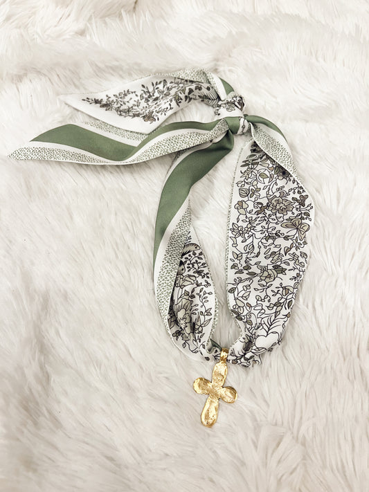 Green Floral Scarf Necklace- Cross