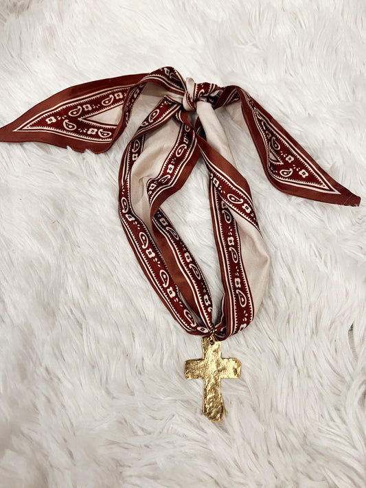 Rust Paisley Scarf Necklace - Cross