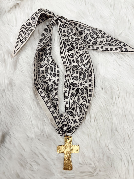 Cream Paisley Scarf Necklace - Cross