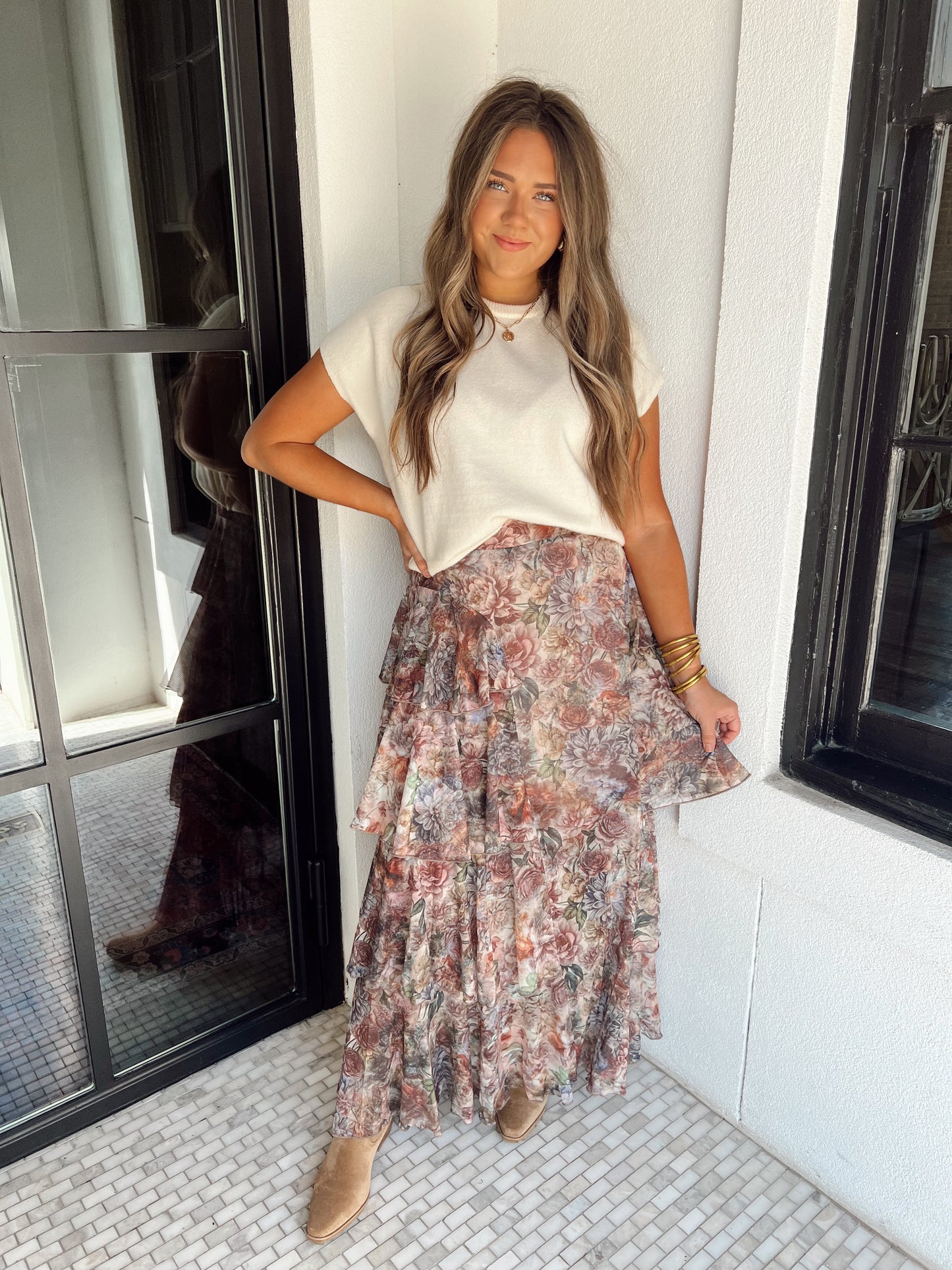 Floral Mesh Ruffled Maxi Skirt