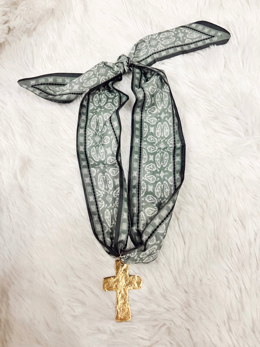 Green Paisley Scarf Necklace - Cross