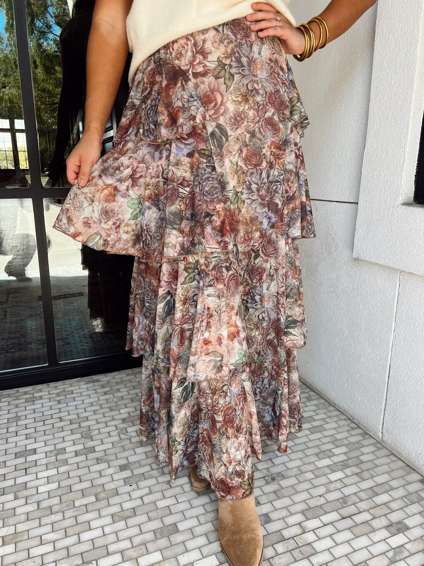 Floral Mesh Ruffled Maxi Skirt