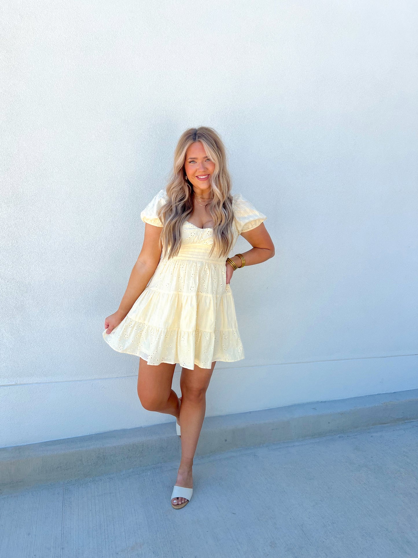 Golden Mini Eyelet Dress