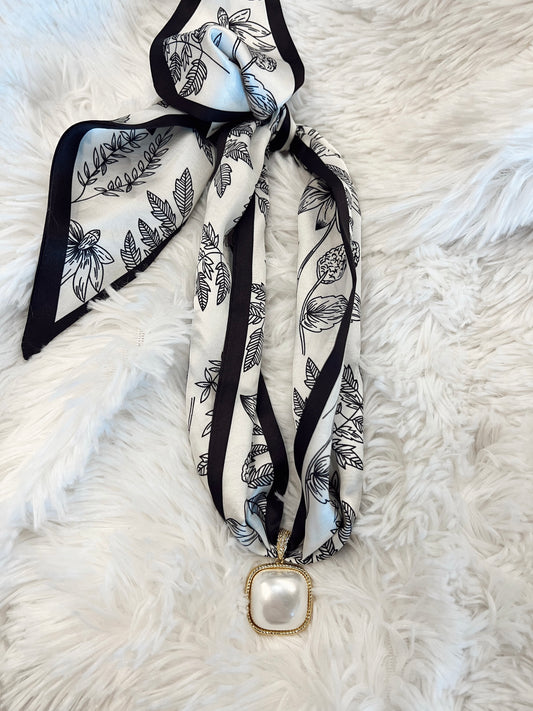 Pearl Charm Scarf Necklace - Black Floral