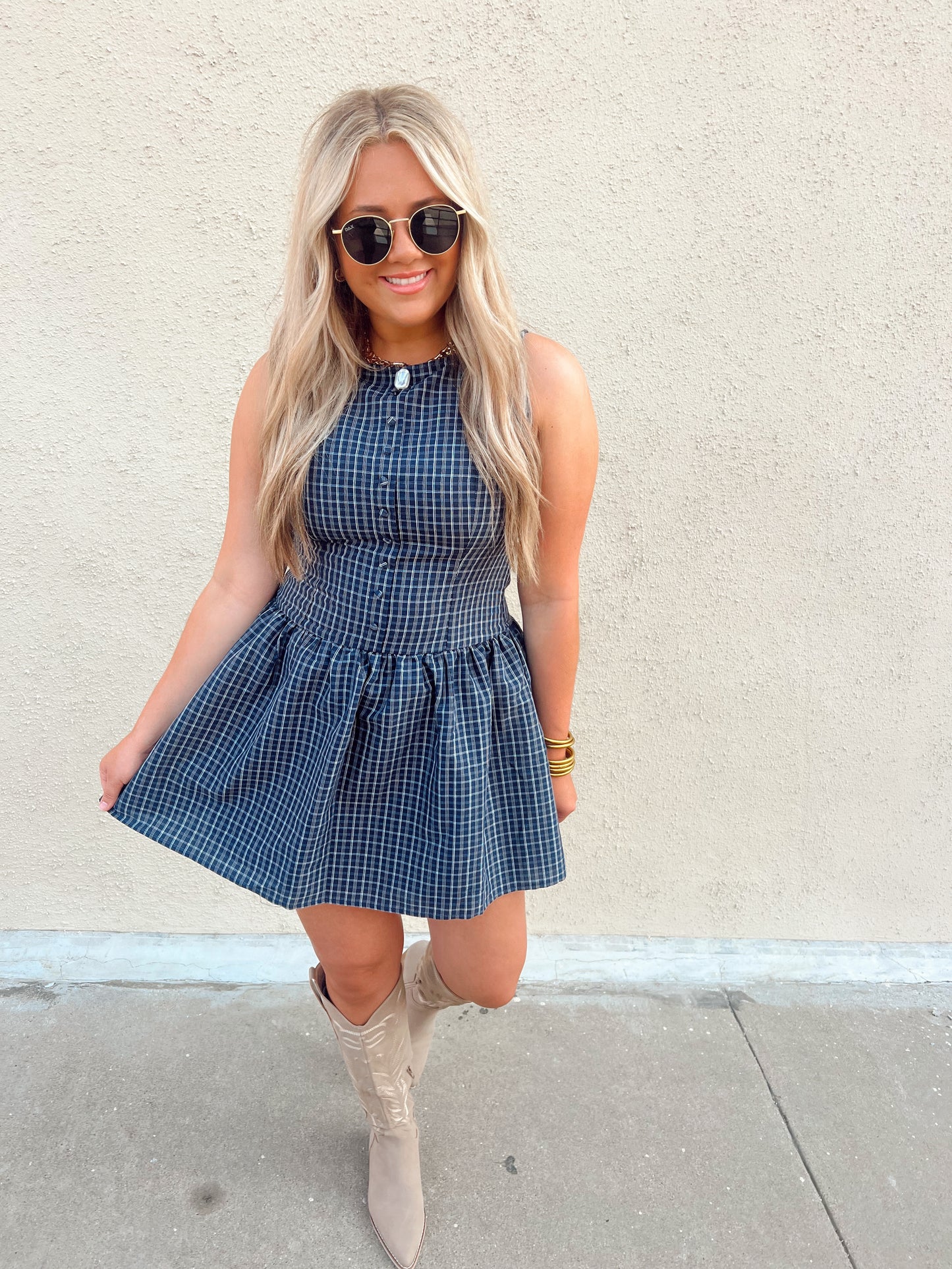 Navy Plaid Mini Dress