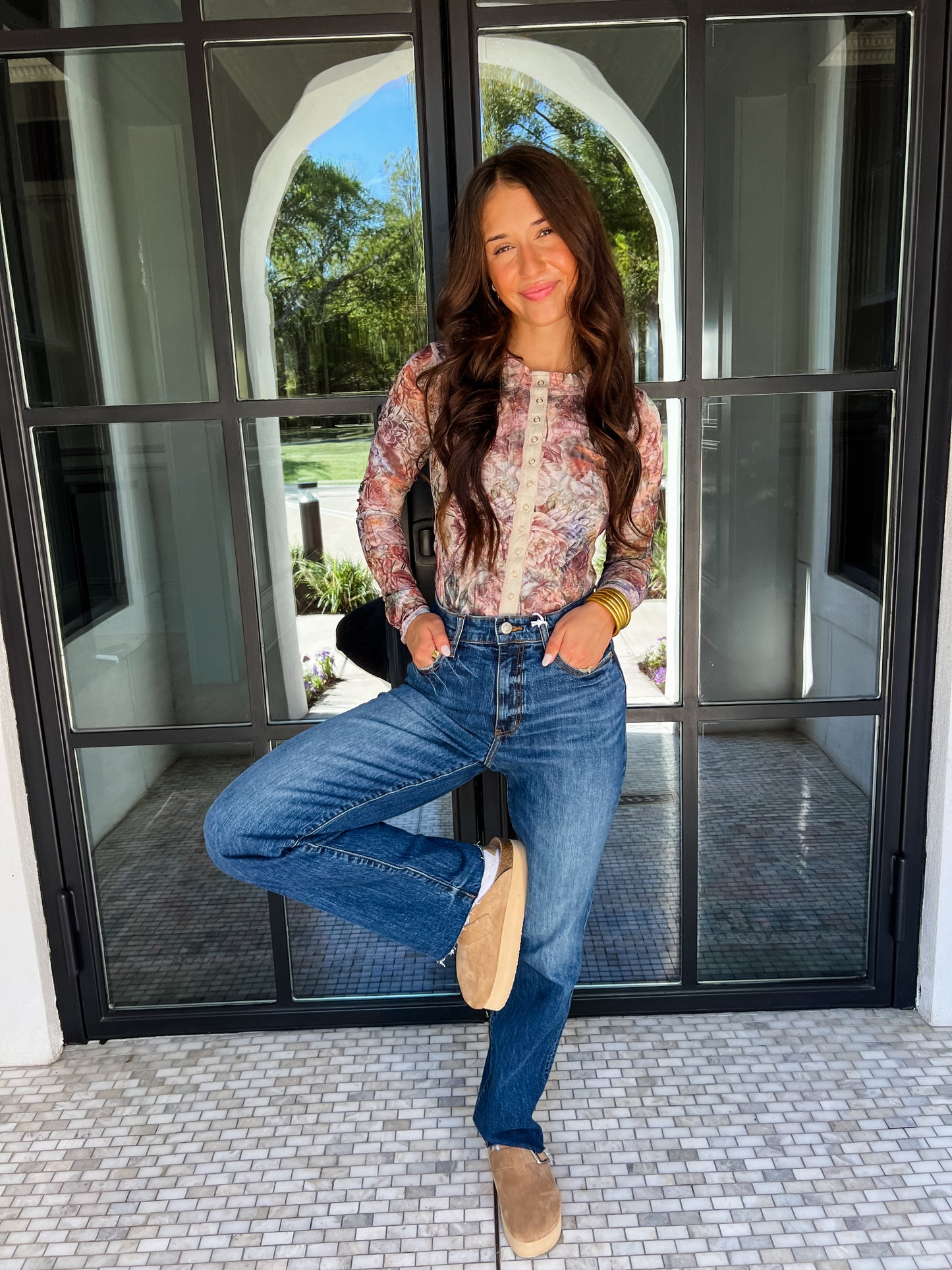 Sand Floral Mesh Top