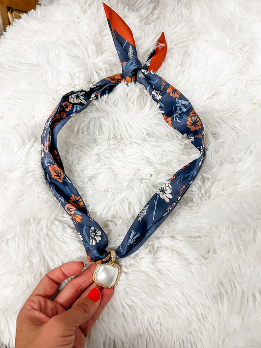 Pearl Charm Scarf Necklace- navy rust