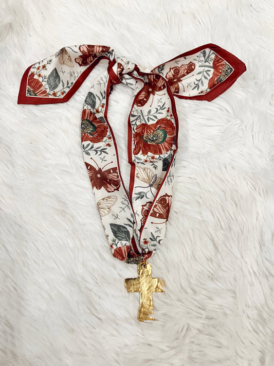 Butterfly Pattern Scarf Necklace - Cross
