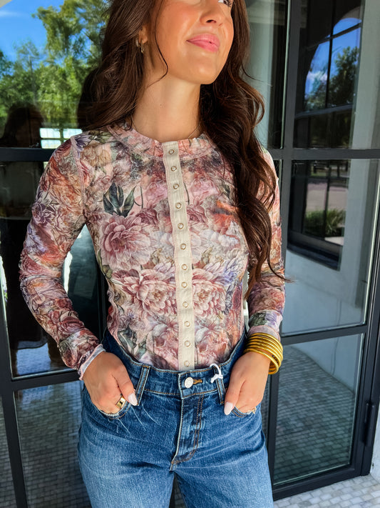 Sand Floral Mesh Top