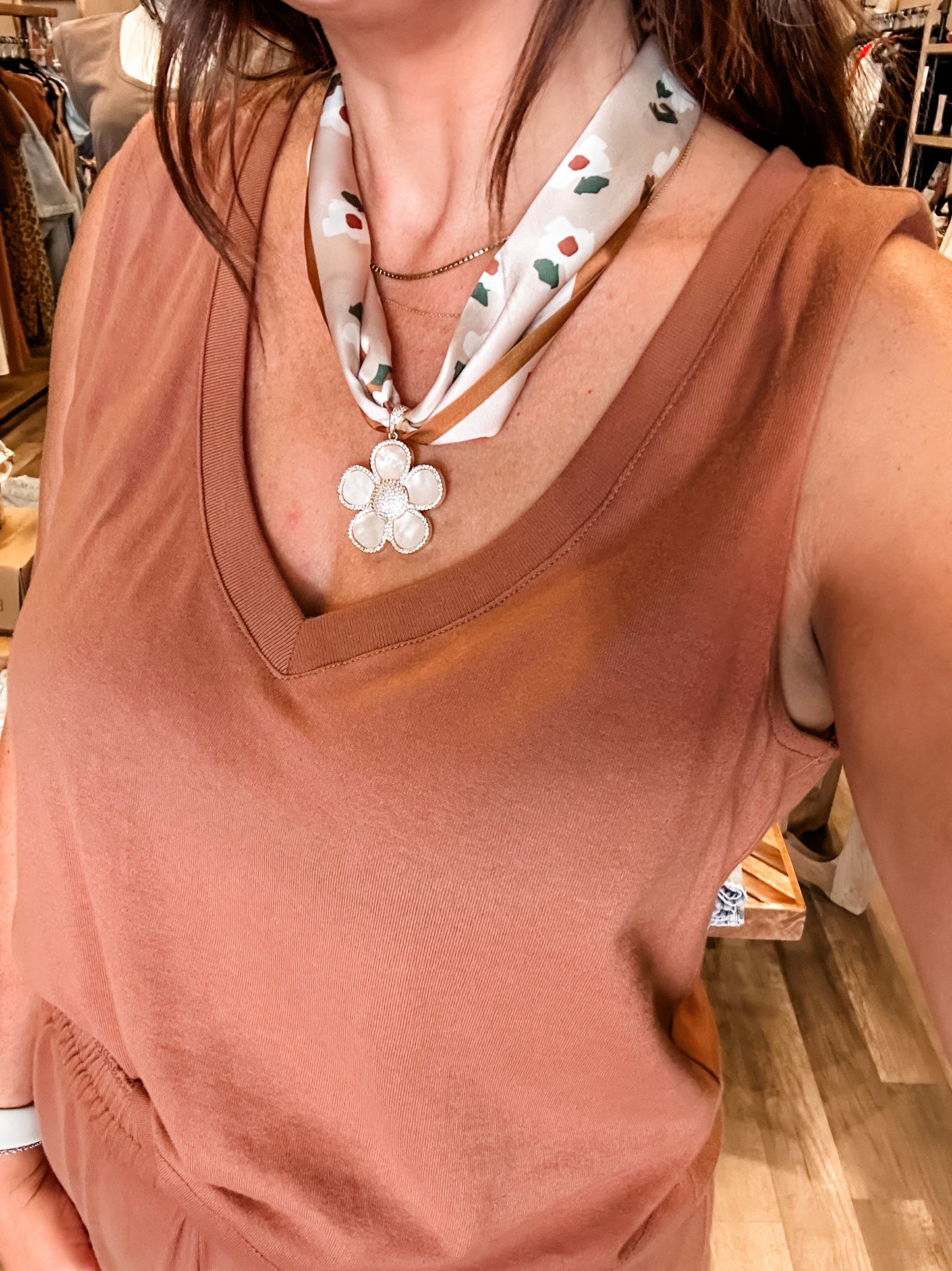 Daisy Charm Scarf Necklace- Brown