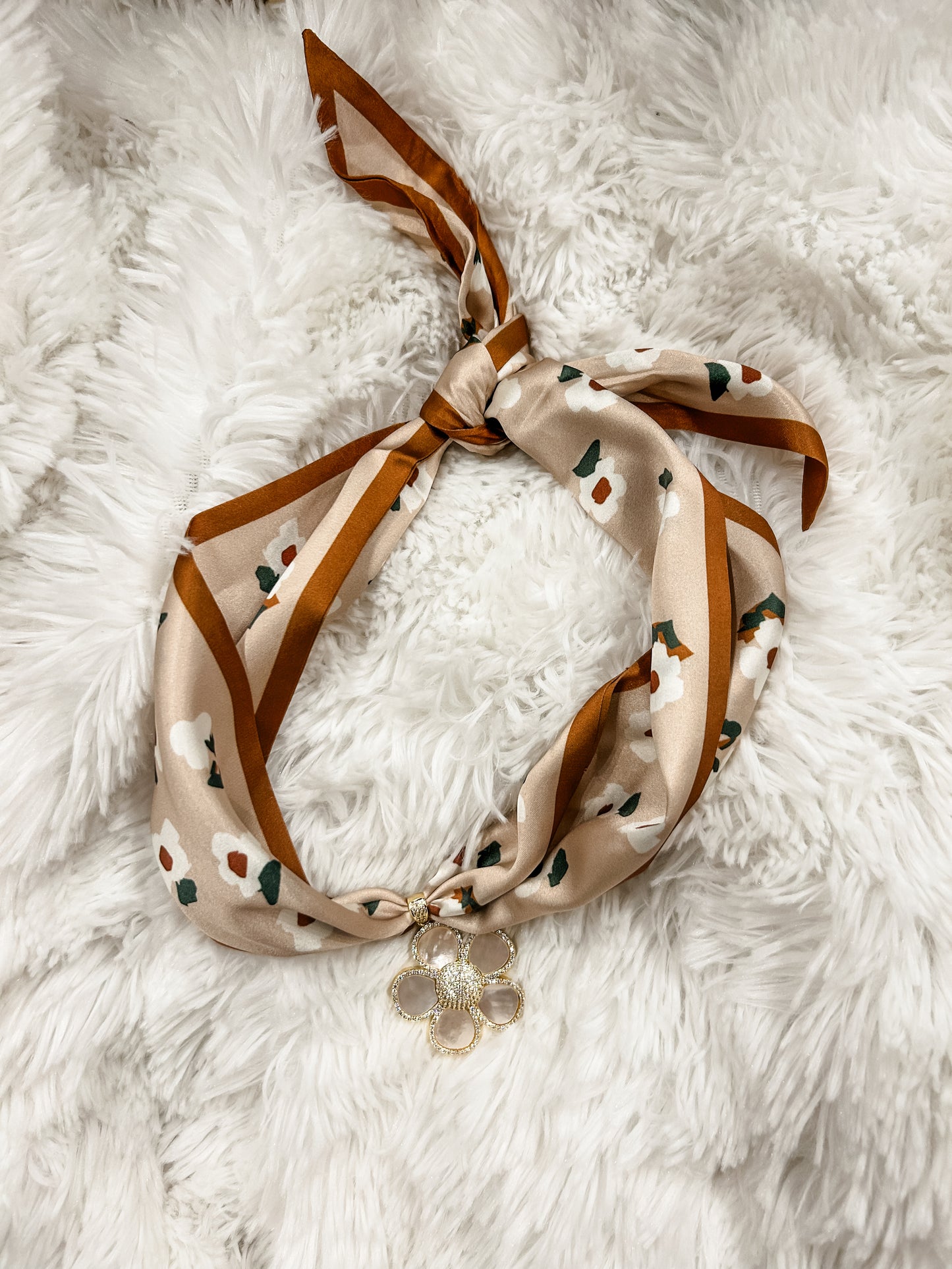 Daisy Charm Scarf Necklace- Brown