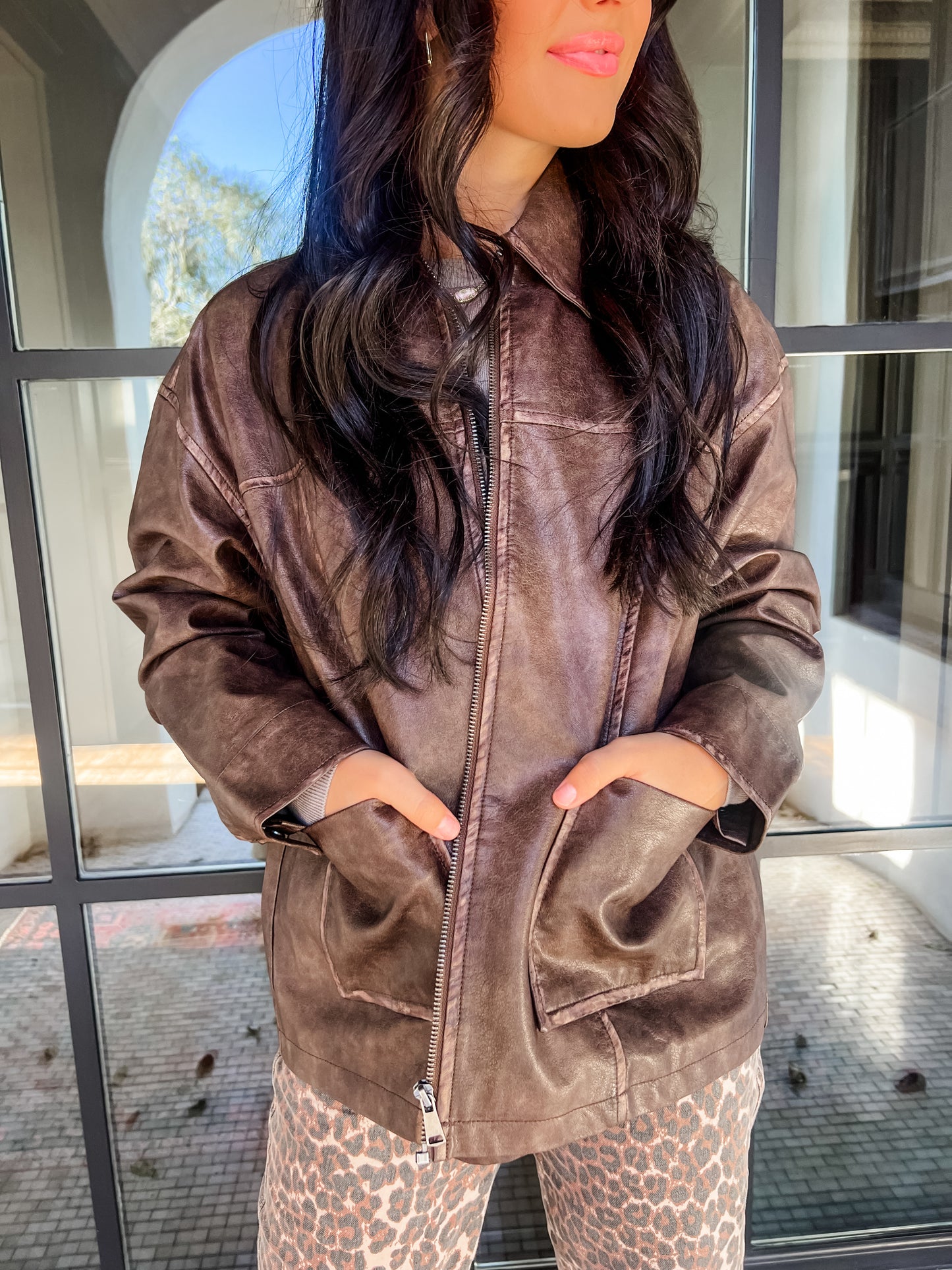 Washed Leather Zip Up Jacket
