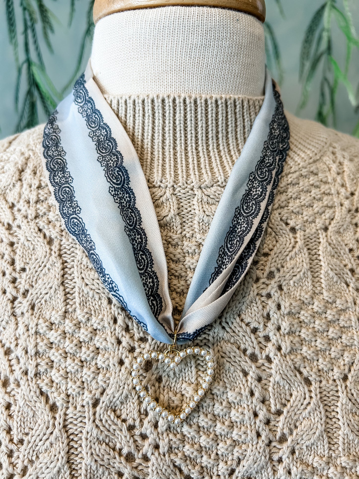 Open Pearl Heart Charm Scarf Necklace- blue