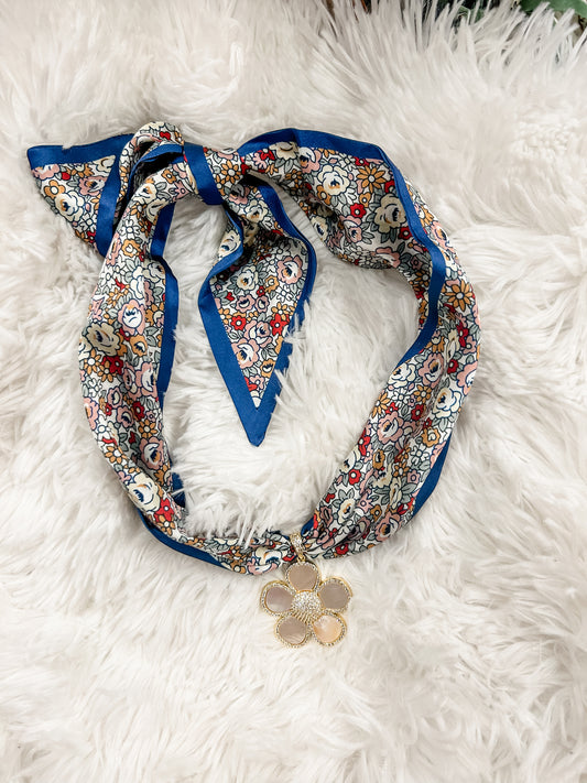 Daisy Charm Scarf Necklace- Navy