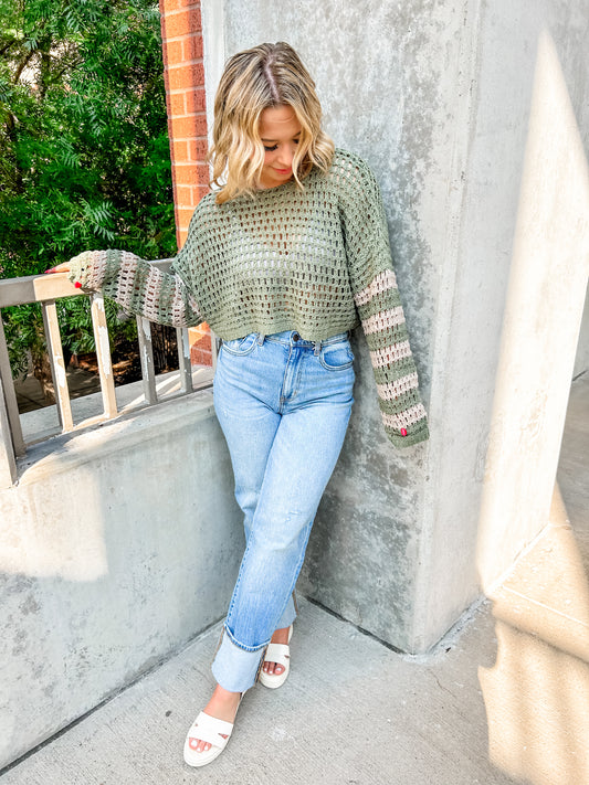 Campus Crochet Sweater- Olive