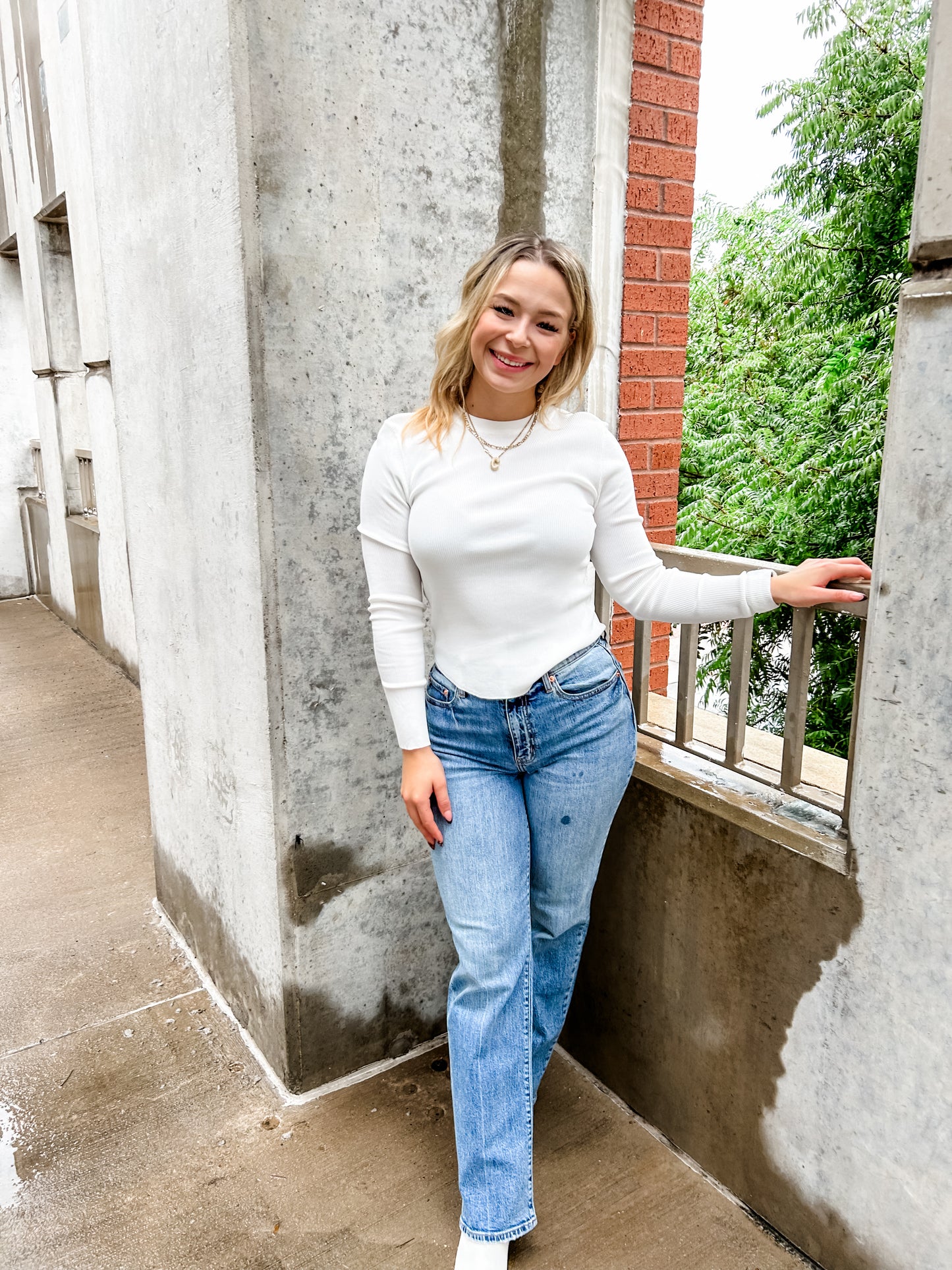 Ribbed Long Sleeve Basic Top- White