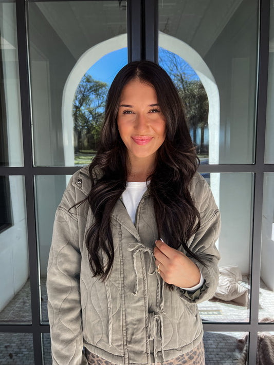 Washed Quilted Tie Puffer Olive