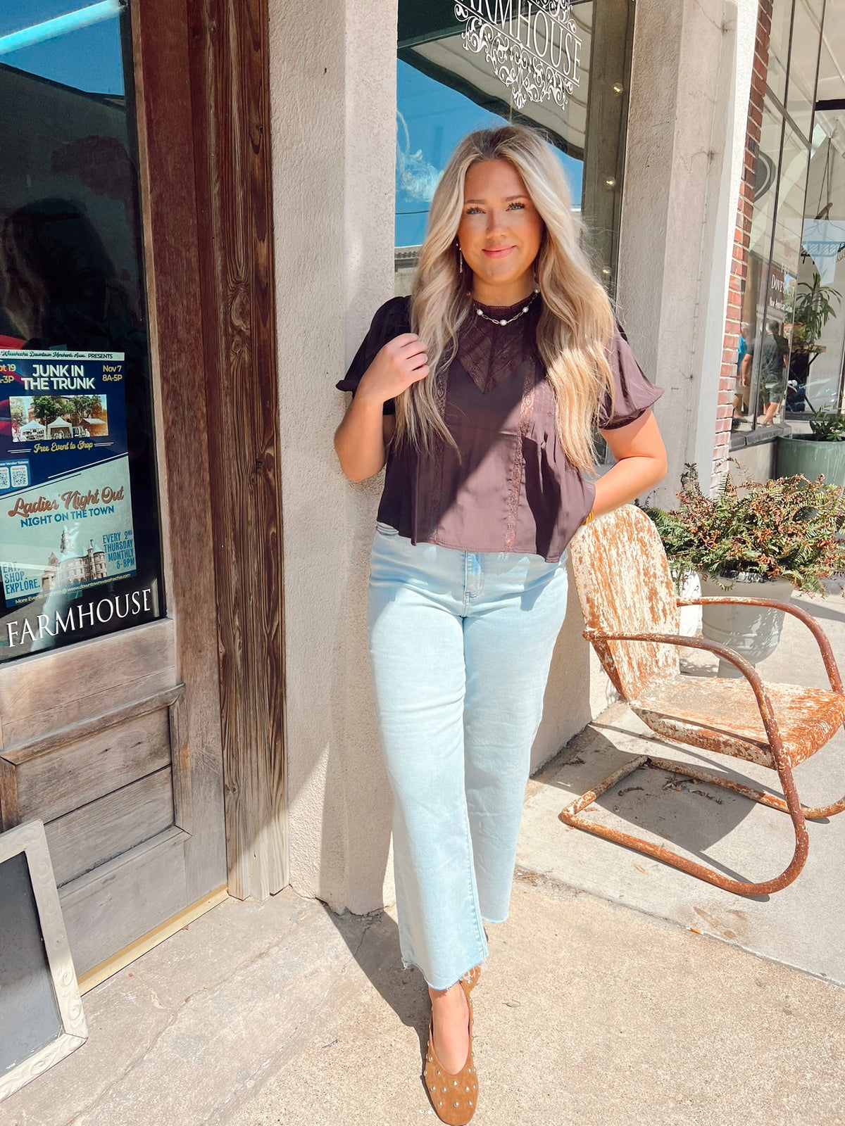 Lace Trim Pintuck Top Brown