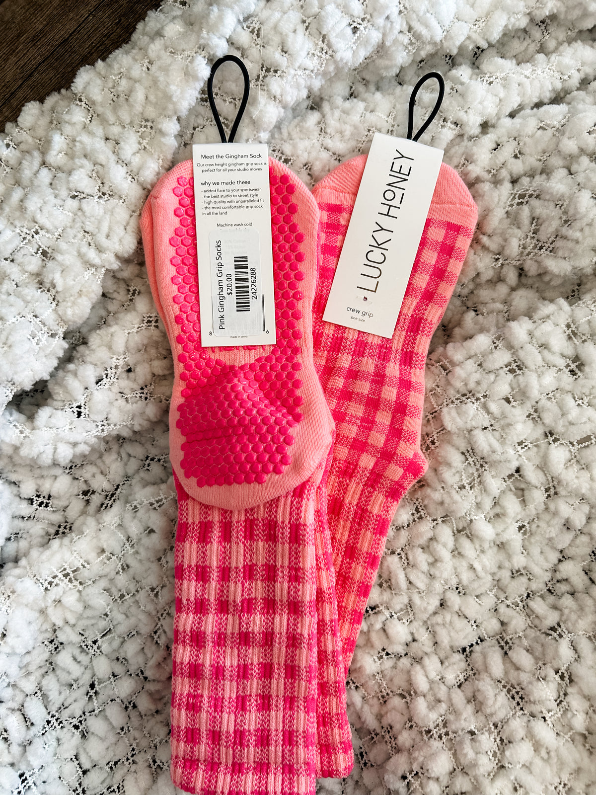 Pink Gingham Grip Socks