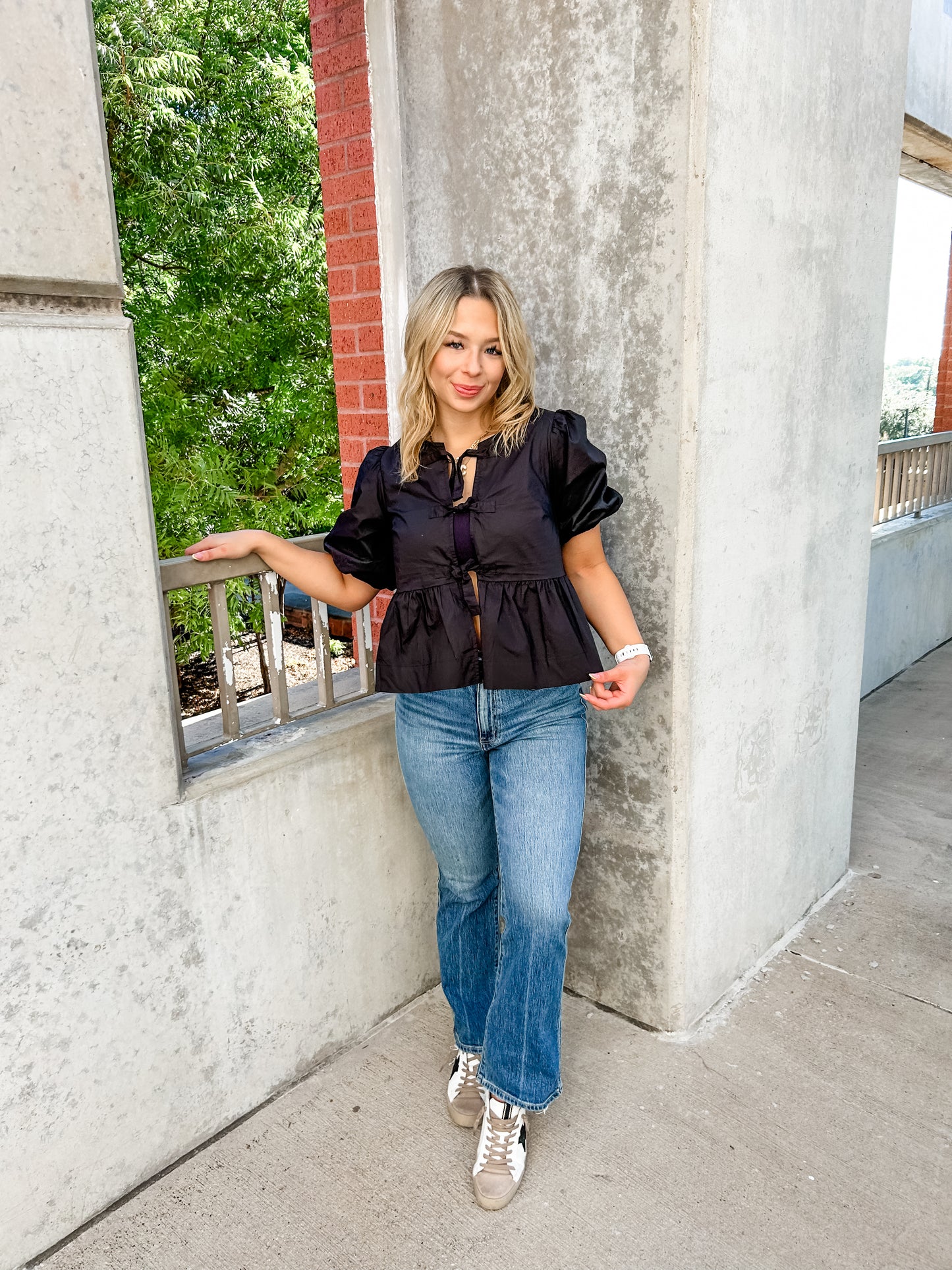 Black Bow Peplum Top