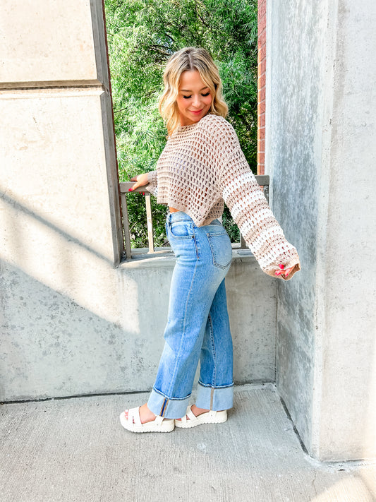 Campus Crochet Sweater- Taupe