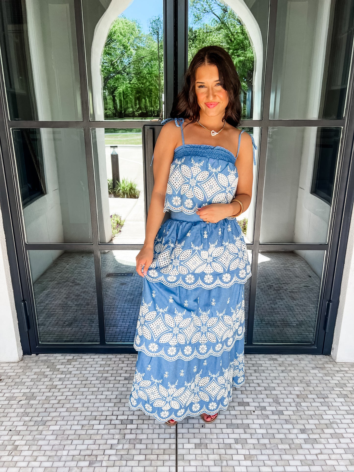 Denim Floral Embroidered Skirt Set