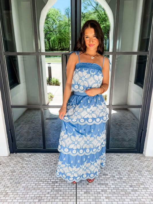 Denim Floral Embroidered Skirt Set