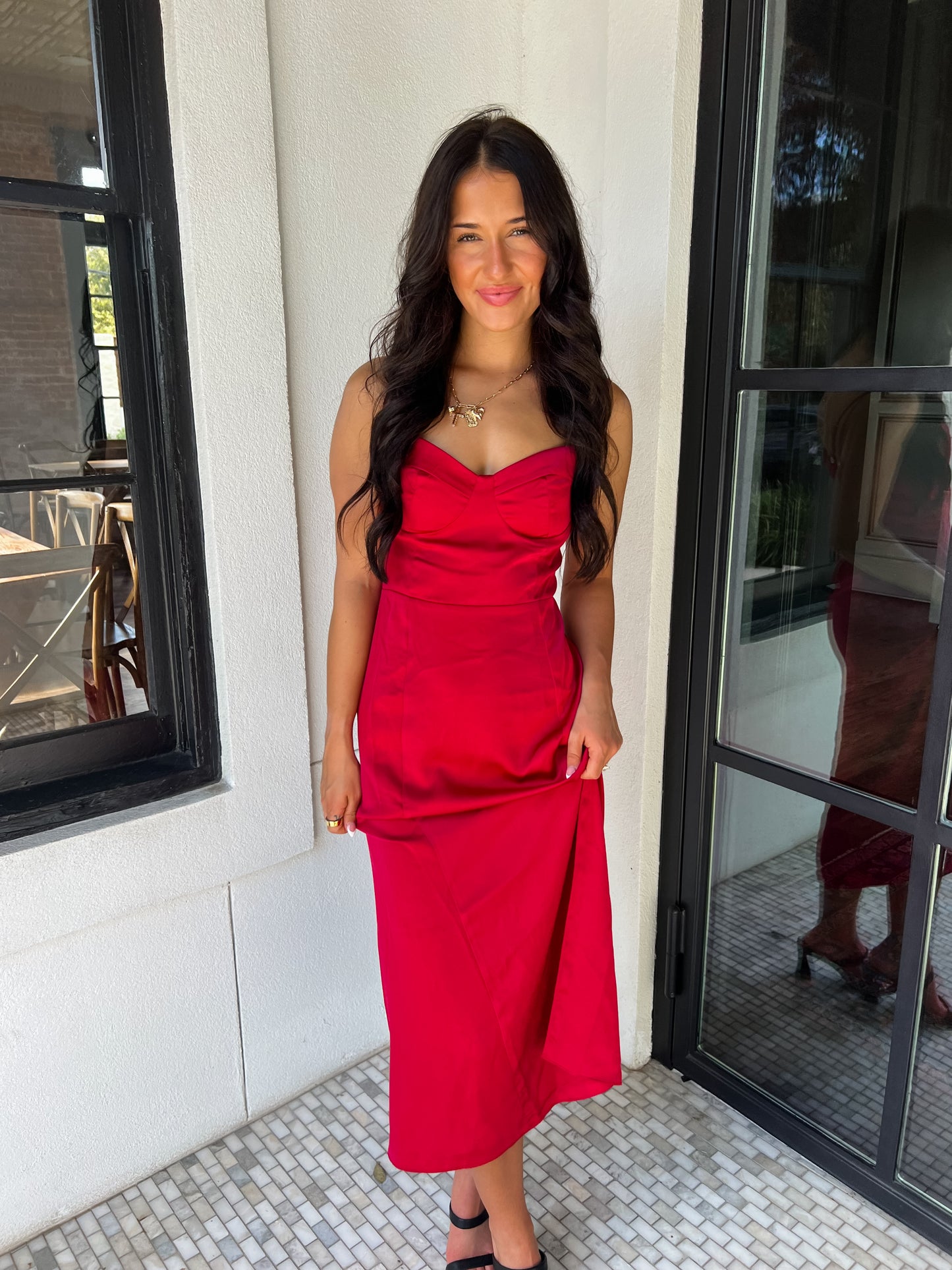 Romy Red Satin Midi Dress