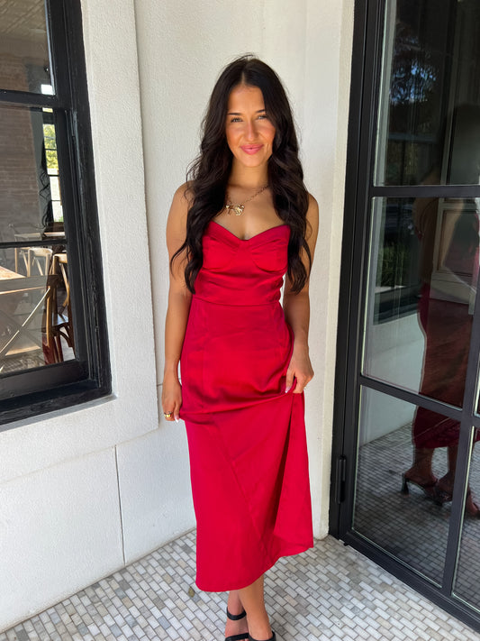Romy Red Satin Midi Dress