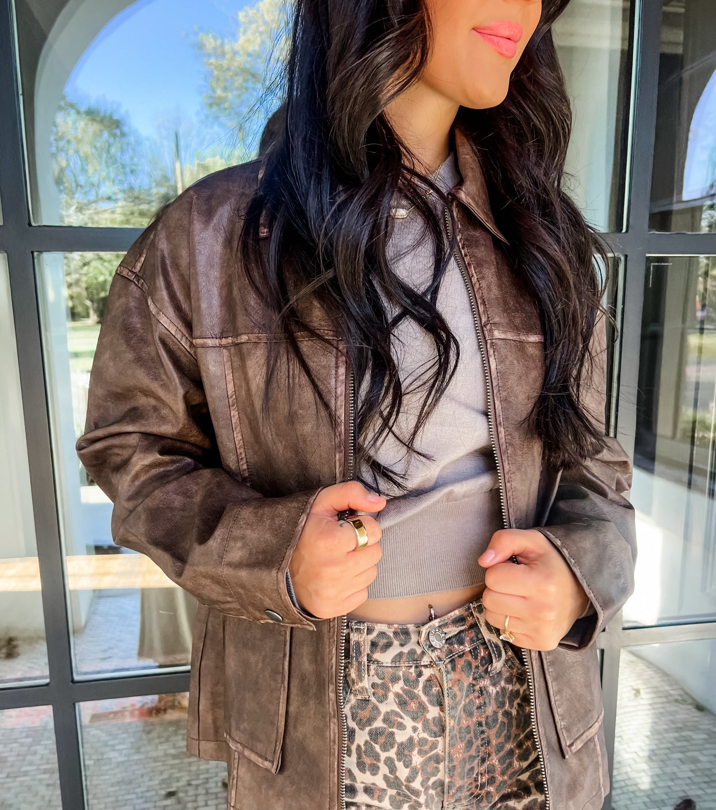 Washed Leather Zip Up Jacket