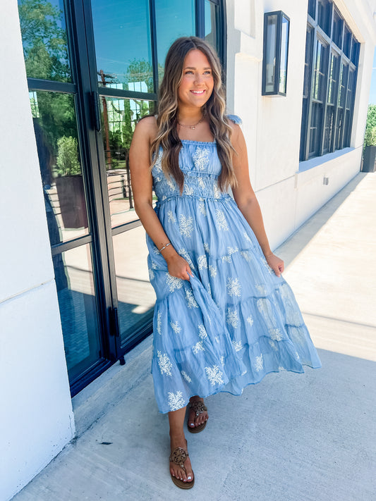 Icy Blue Blooming Midi Dress
