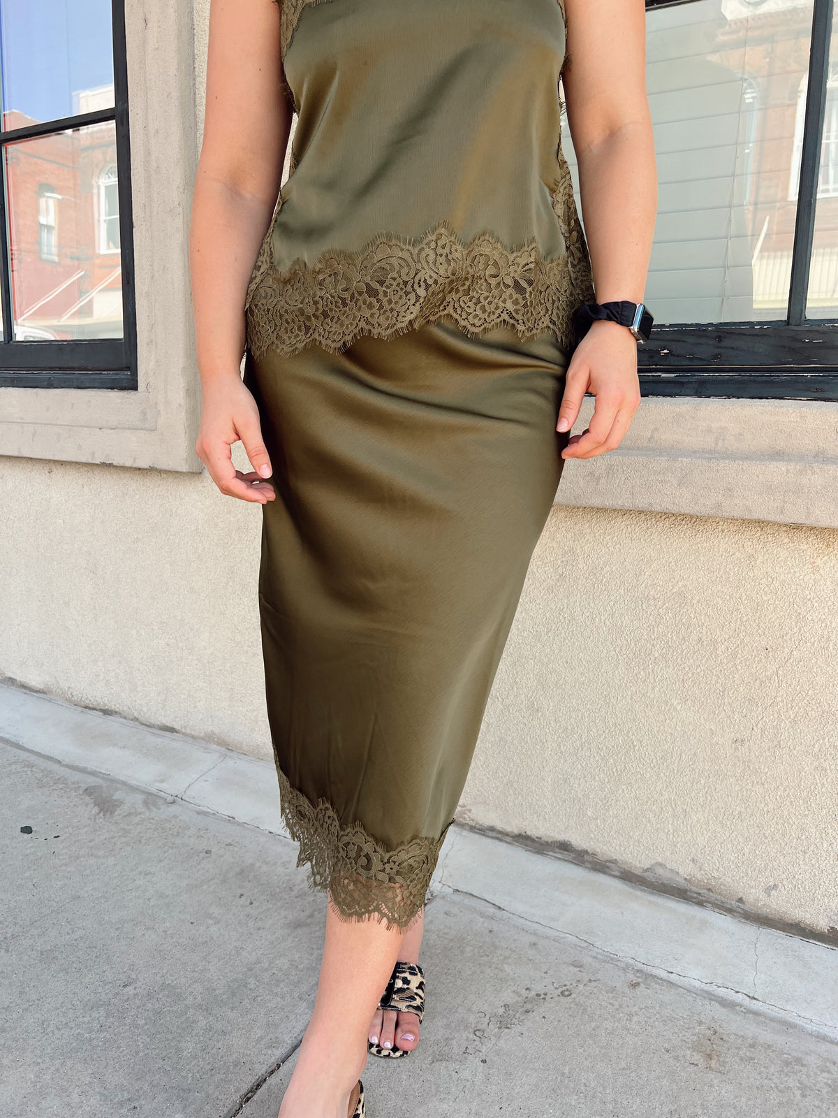 Deep Olive Satin Midi Skirt