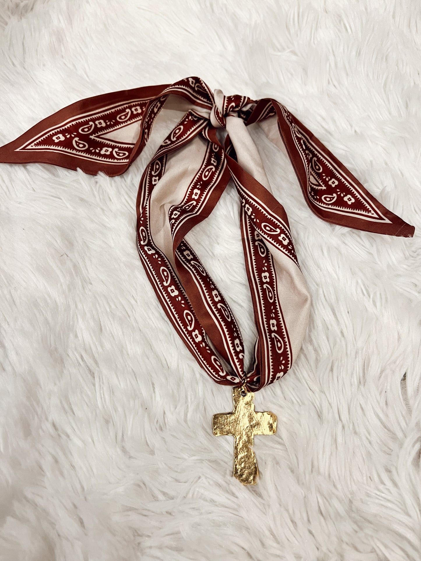Rust Paisley Scarf Necklace - Cross