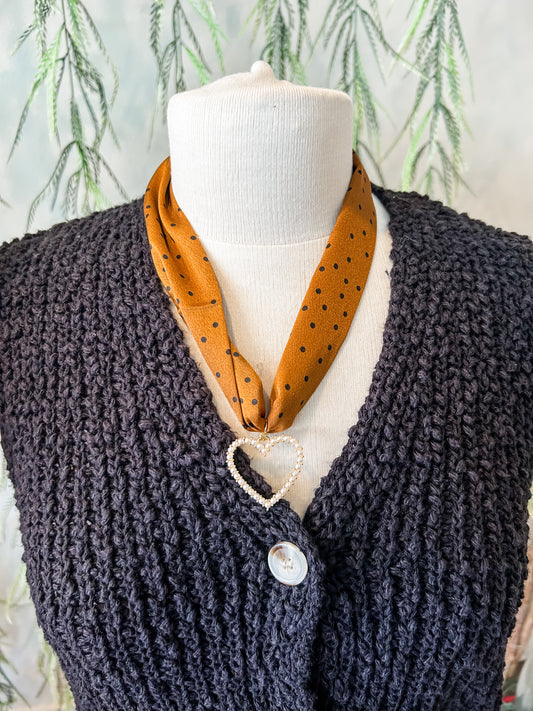 Open Pearl Heart Charm Scarf Necklace- brown