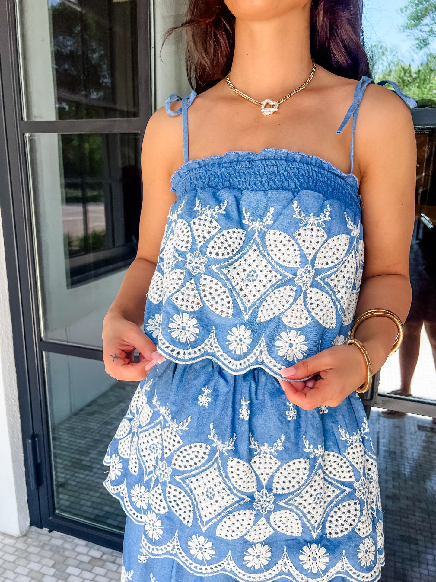 Denim Floral Embroidered Skirt Set