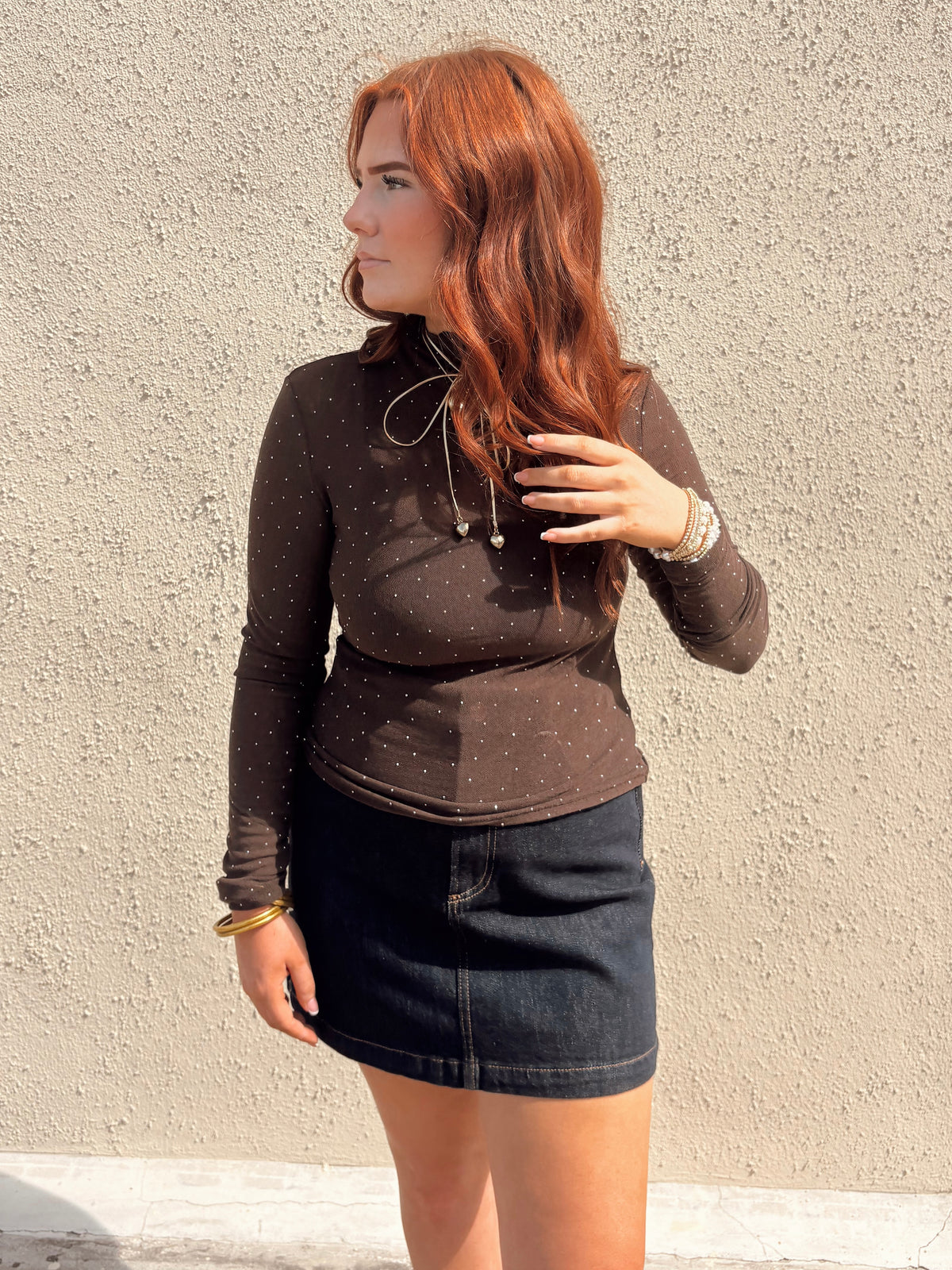 Brown Rhinestone Mesh Top