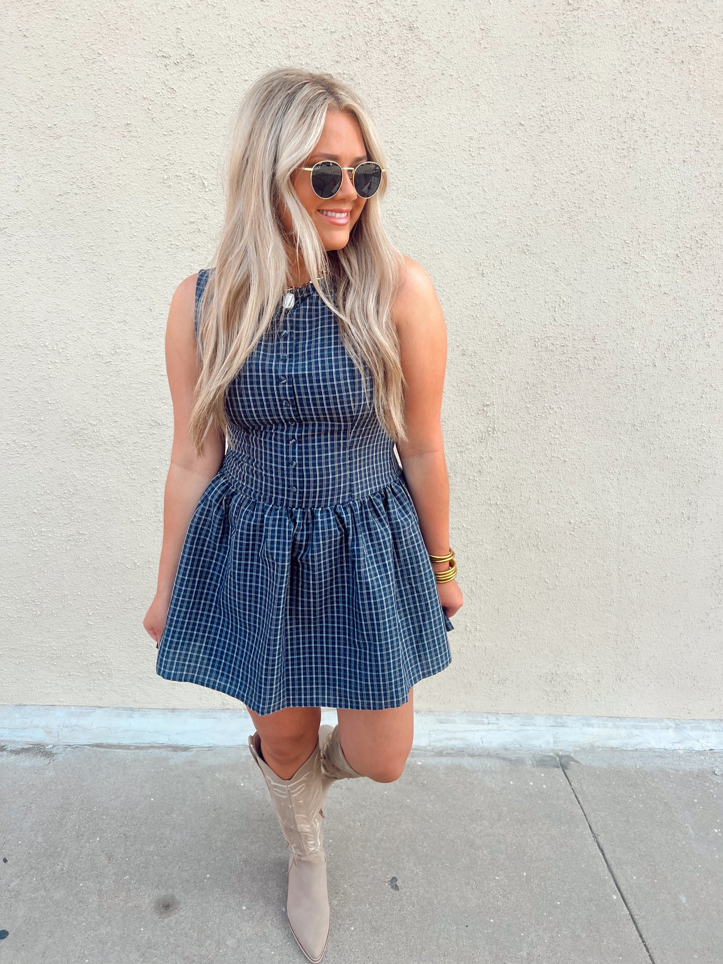 Navy Plaid Mini Dress