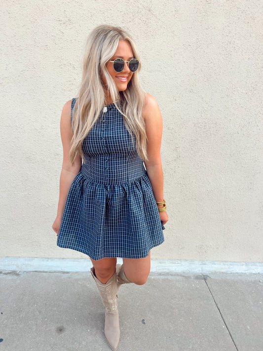 Navy Plaid Mini Dress