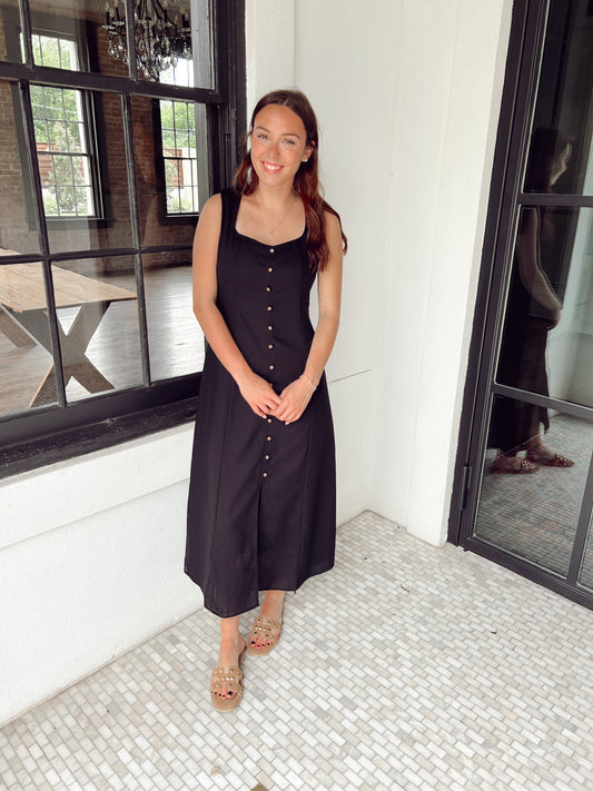 Black Linen Midi Dress