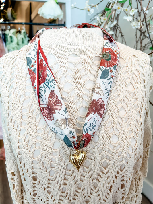 Bubble Heart Charm Scarf Necklace- butterfly