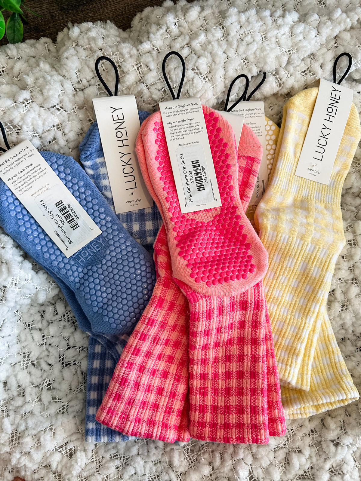 Yellow Gingham Grip Socks