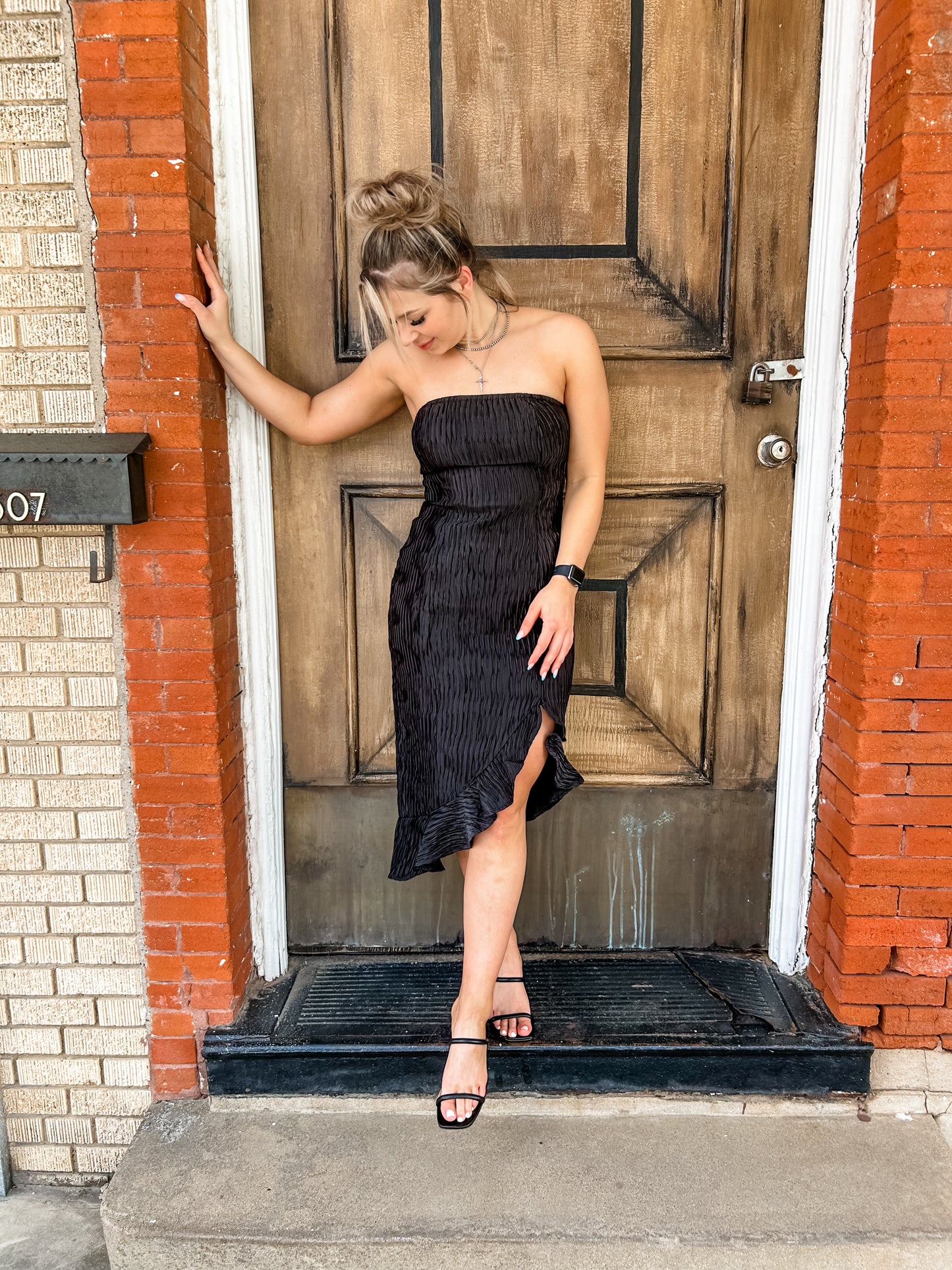 Black Crinkle Strapless Dress