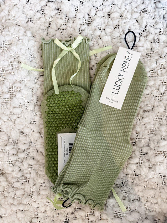 Matcha Green Bow Grip Socks