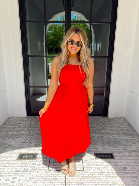 Brynn Strapless Midi Dress Red